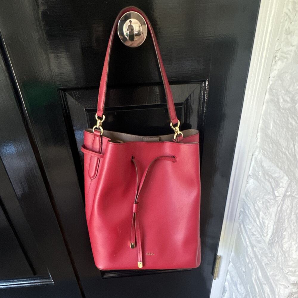 Lauren Ralph Lauren Red Bucket Bag Drawstring w/ Detachable Strap & Coin Purse